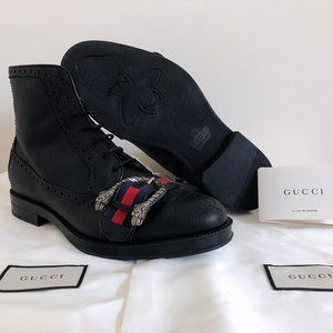 Gucci Leather Brogue Boots with Web Stripe Buckle